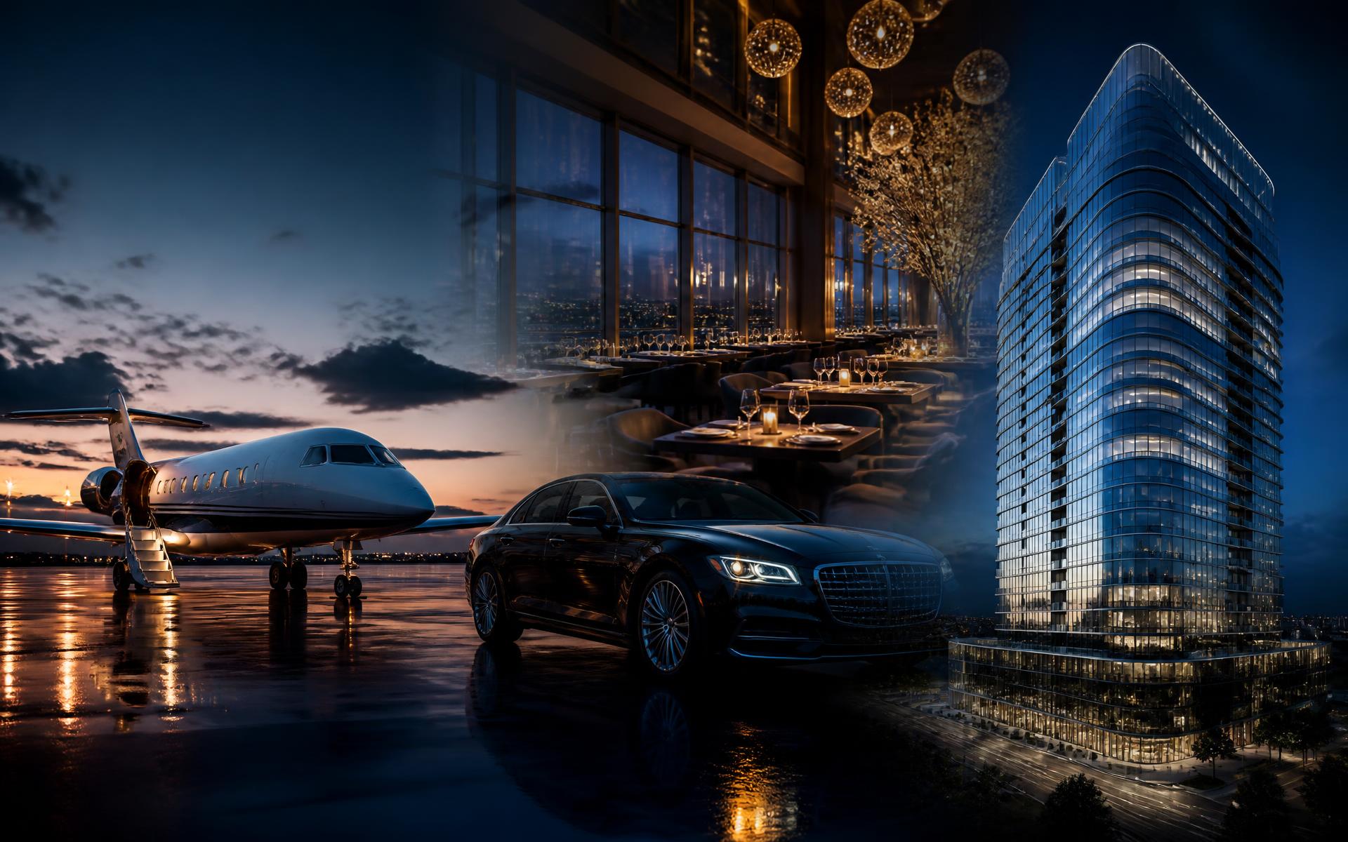 Privéjet, luxe chauffeursauto, fine-dining restaurant en modern vastgoedgebouw bij avond